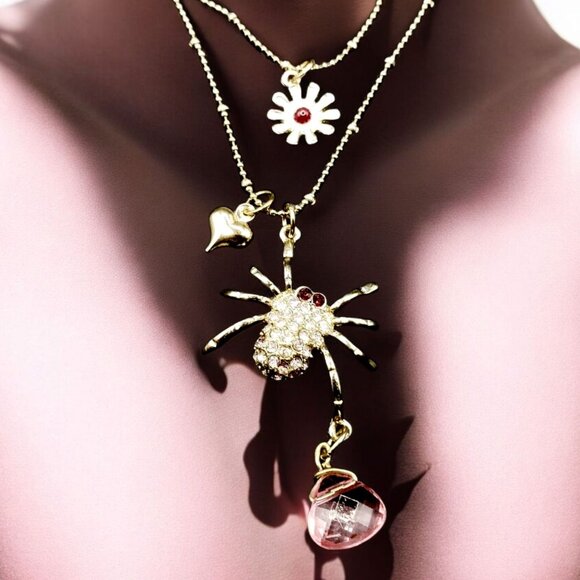 Gold Spider Pendant Necklace w/ Pink Crystal Heart & Flower Charms Gothic Boxed - Picture 1 of 6